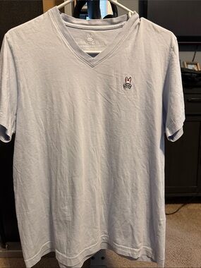 Psycho Bunny Men's Pale Blue V-Neck Tee with Embroidered Logo
